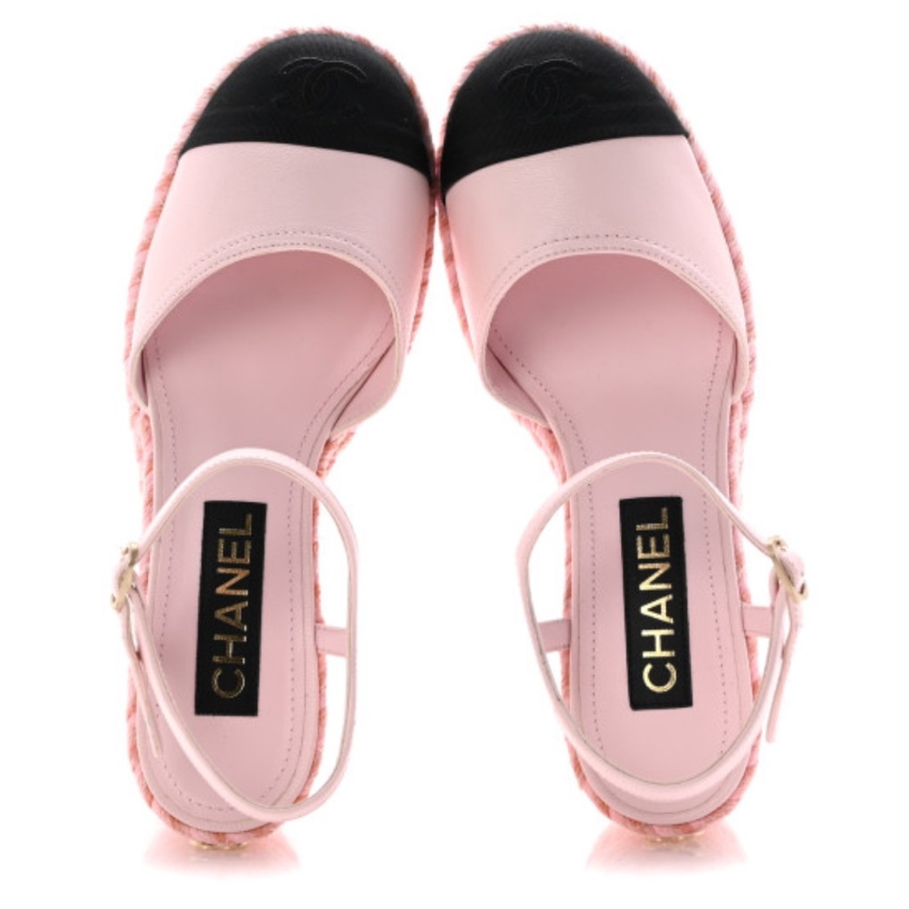 CHANEL 
Lambskin Grosgrain CC Espadrilles Wedges 38 Pink Black - Picture 2 of 8